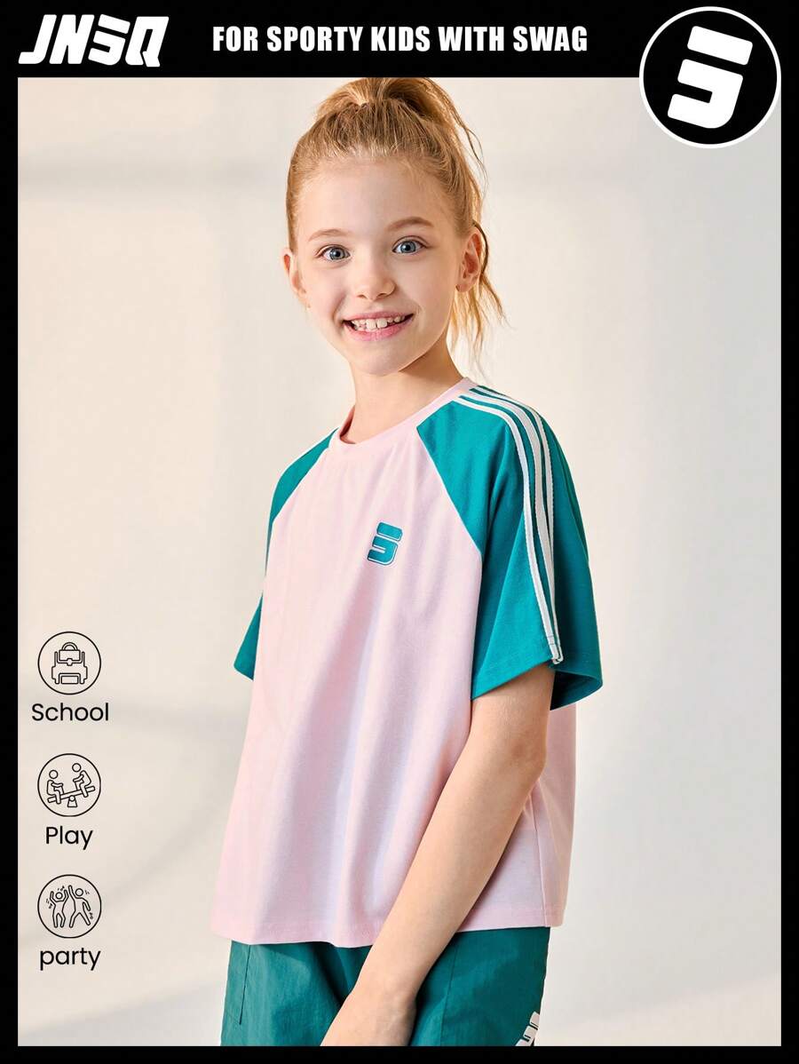 JNSQ Camiseta de manga corta casual y deportiva para niña de verano, Top casual y deportiva de cuello redondo con bloques de color para niños