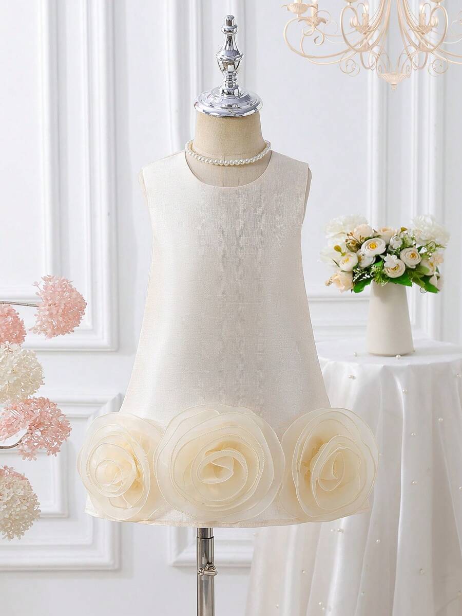 SHEIN Spring/Summer Young Girls' Party Dress, Elegant High-End 3D Rose Decor A-Line Ruffles Dress, Soft Chiffon Material