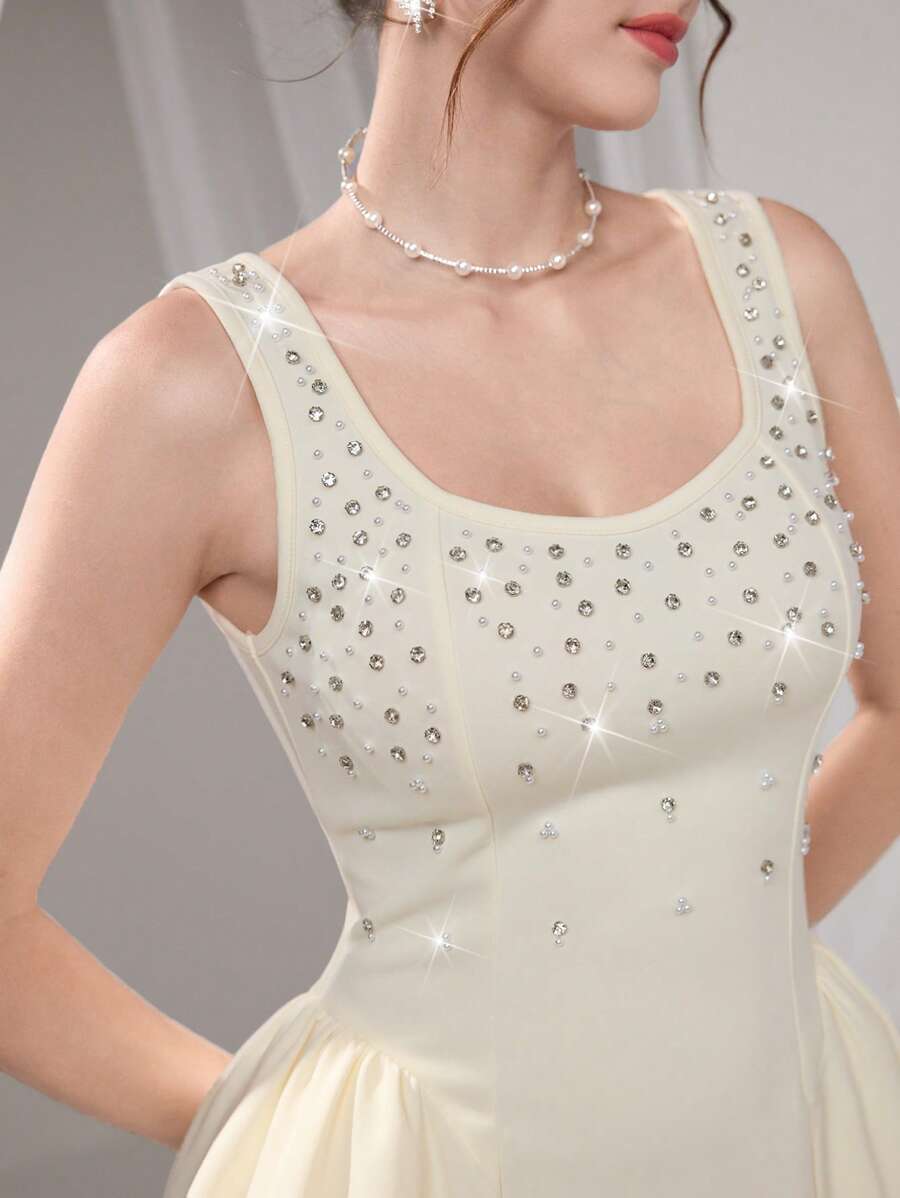 Poshira Abito da sera lungo e ampio in tulle con cristalli incrostati, senza maniche, da donna, taglia comoda, abito elegante da laurea o da cerimonia, abito da donna bianco morbido, regalo di laurea, abito da festa, abito da ballo