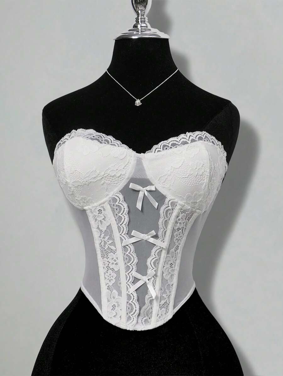 SHEIN ICON Summer Beach Cute White Lace Bandeau Top, Minimalist & Fashionable, Suitable For Summer