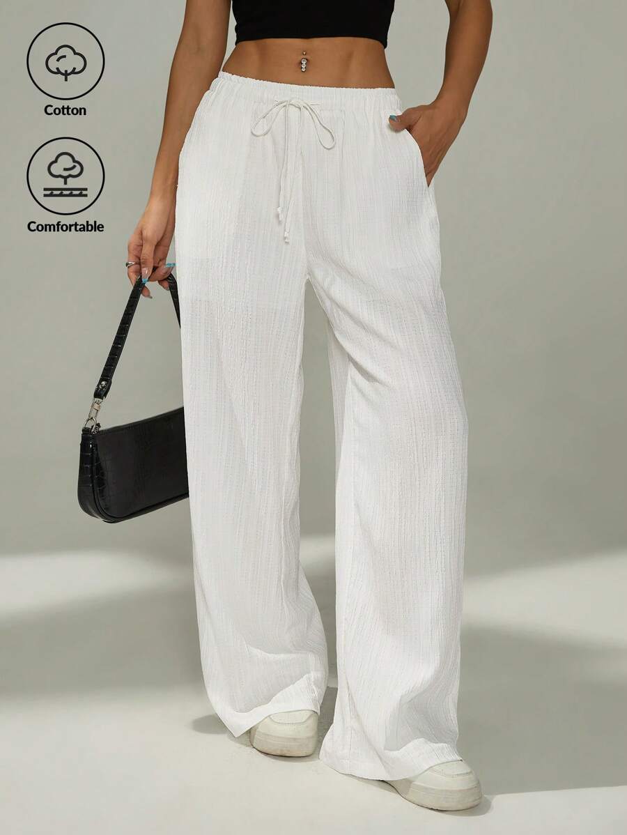 SHEIN PETITE Women Solid Color Waist-Tie Pockets Straight-Leg Pants,Business Casual Woman