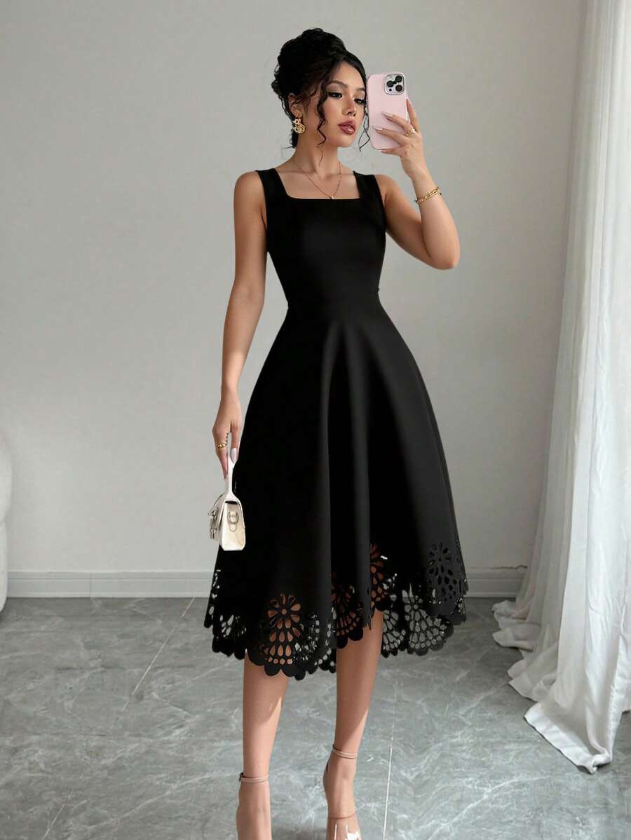 Elenzga Women Square Neck Sleeveless Perforated Hem Elegant Short Dress