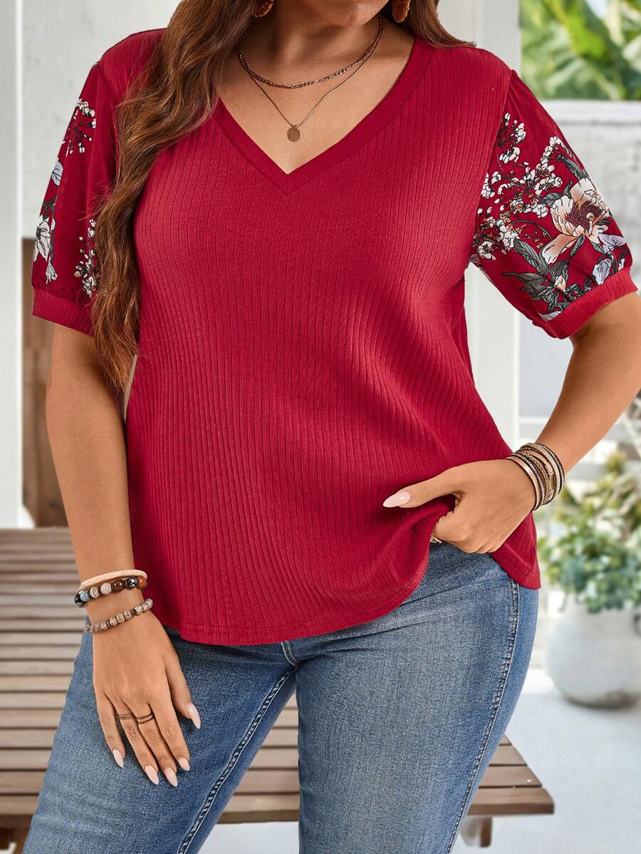 EMERY ROSE Blusa de talla grande casual con estampado floral y parches, conjunto de verano para mujeres, atuendo de vacaciones para mujer