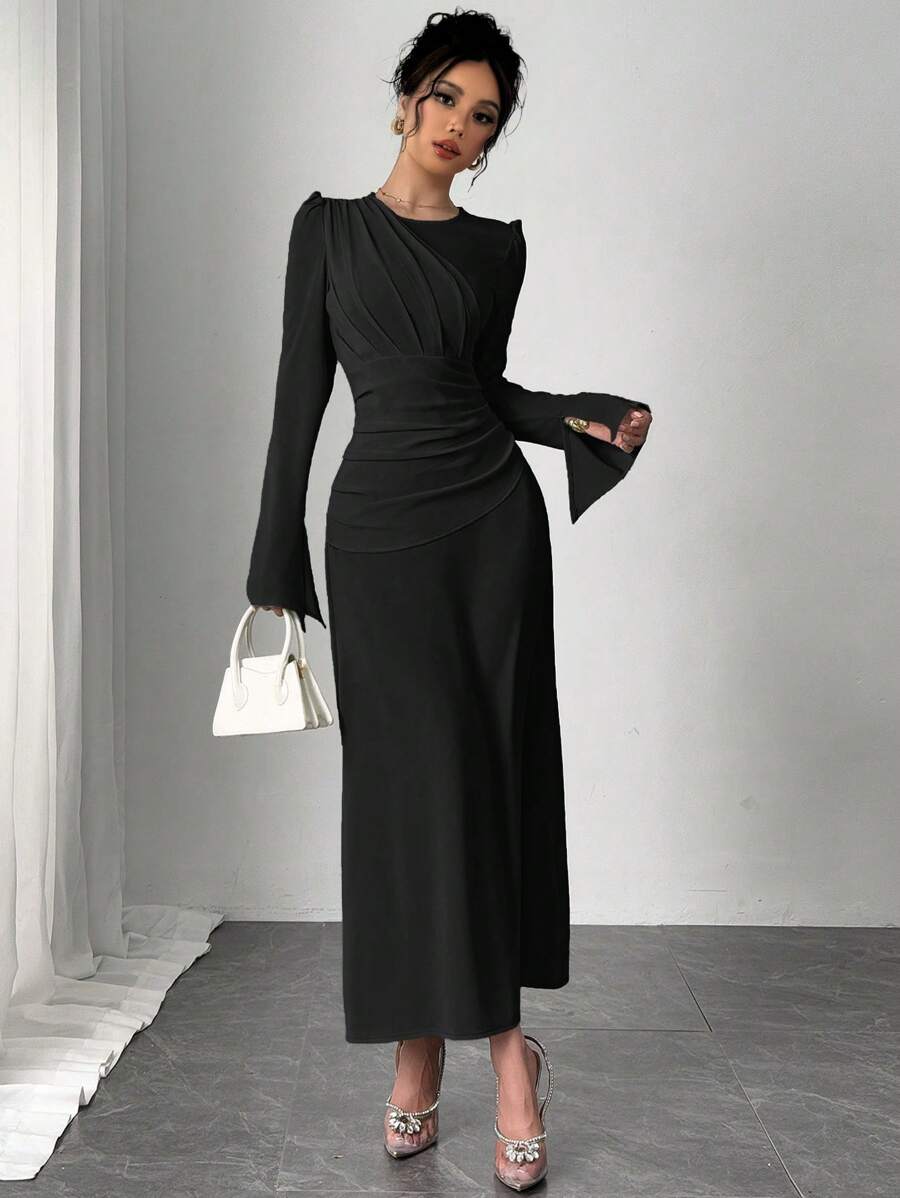 Firerie Vestido largo elegante con fruncidos para mujer