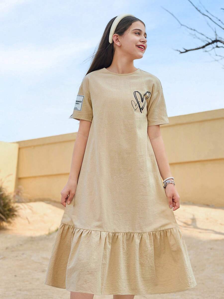 SHEIN Tween Girls Loose Casual Round Neck Ruffle Heart Pattern Short Sleeve Dress