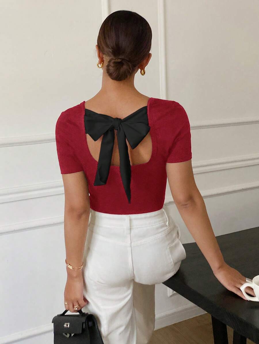 Siren Gaze Summer Casual Textured Back Tie Short Sleeve T-Shirt Summer T-Shirt Summer Outfits For Women Vacation Outfits Women Holiday Outfits Summer Outfits Graduation Outfit 4th Of July Western Wear Women Beach Outfits For Woman