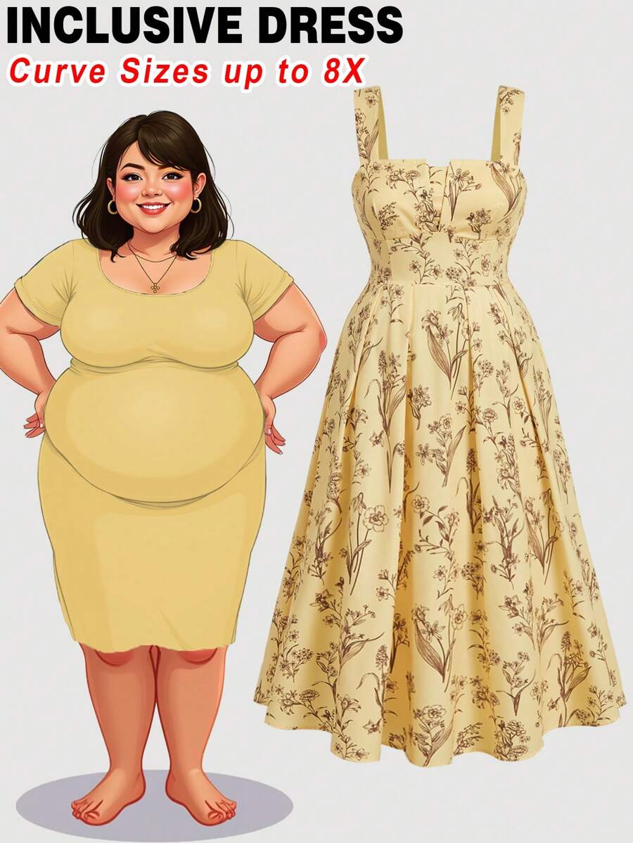 SHEIN CURVE+ Vestido maxi de talla grande con estampado retro negro sobre fondo albaricoque, suelto y fluido, con falda acampanada y tirantes, adecuado para vacaciones y verano