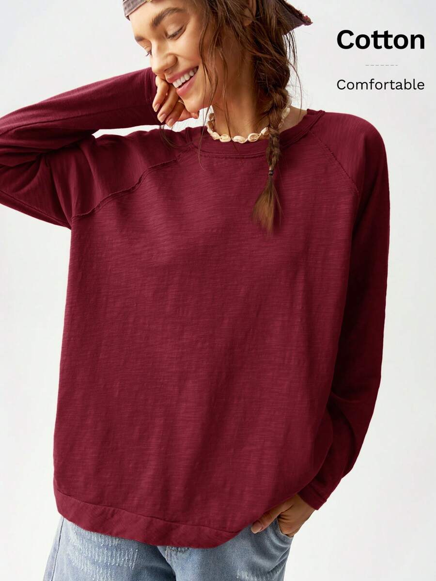 Bohemela Camiseta holgada de manga raglán de cuello redondo de punto de unicolor de vacaciones para mujeres