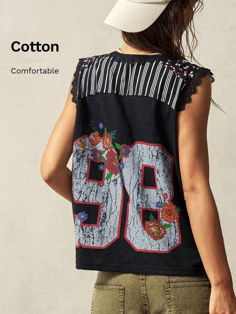 Bohemela Top gráfica tipo tanque de estilo vintage estadounidense casual de verano para mujer, con estampado numérico de punto