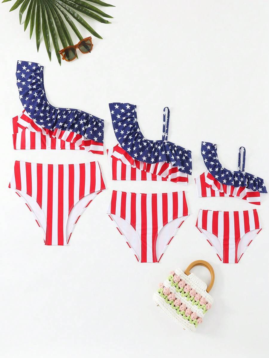 Tween Girl Striped Swimwear Top & Bottom 2 Pieces Set, Fashion, Prints Random