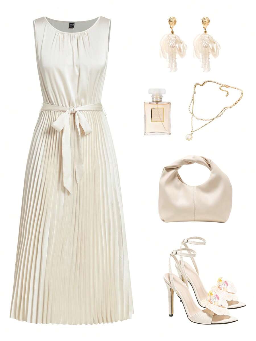 Ellevyn Abito elegante da donna in satin liscio plissettato in vita, linea ad A, adatto a varie occasioni, abbigliamento da donna per vacanze