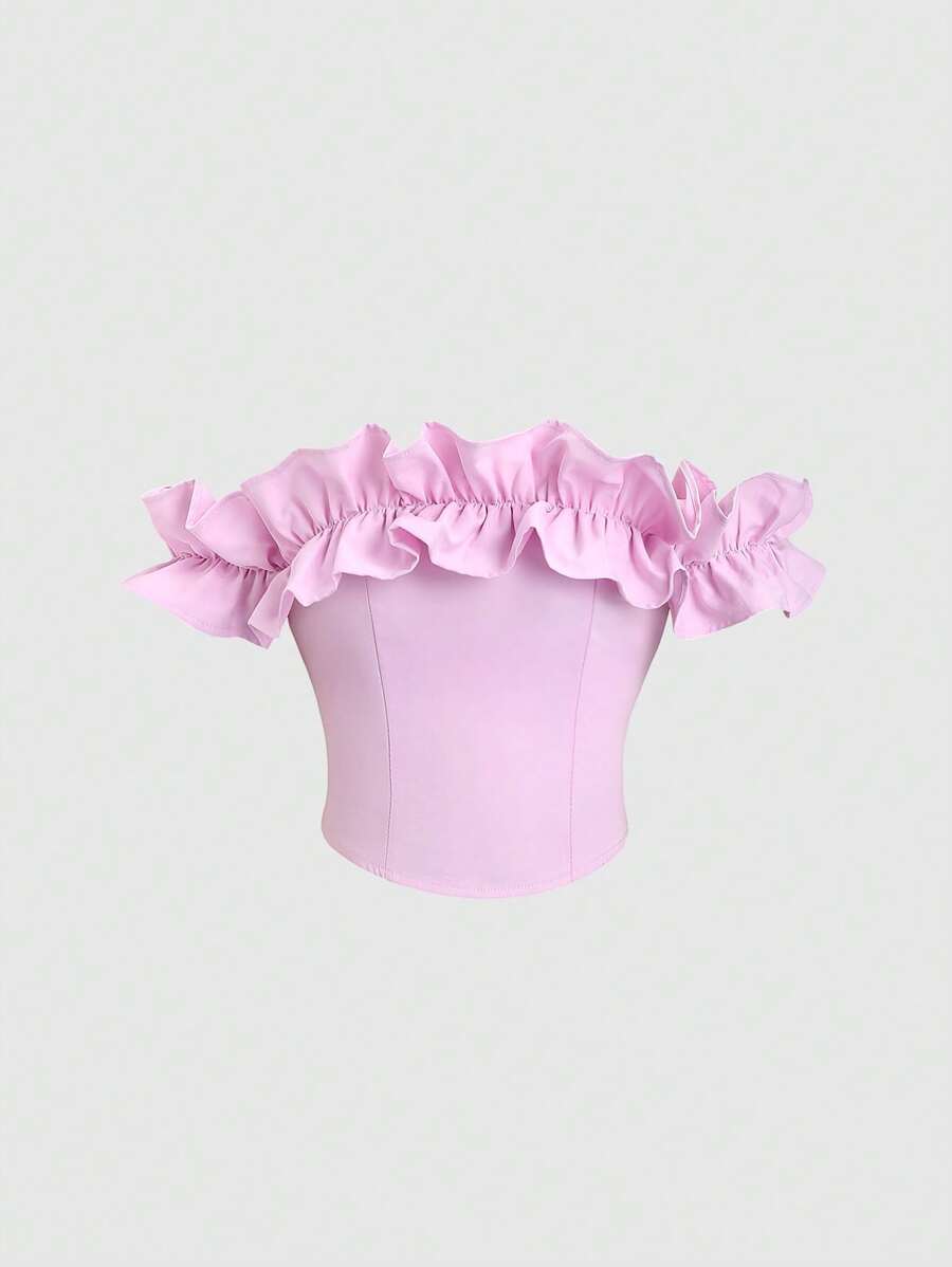 Sweetra Nuova Blusa di Arrivo di Stile Francese Rosa, con Volant Festone, Senza Spalline, Sexy, Ideale per Primavera/Estate