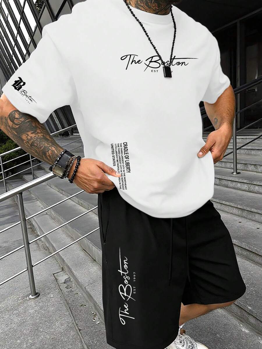 Manfinity Homme Conjunto de camiseta de manga corta con estampado de eslogan y pantalones cortos informales para hombre, conjunto de 2 piezas de verano para hombre
