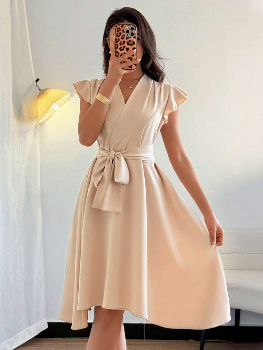 Islaluna Abito elegante da donna con scollo a V incrociato, maniche a volant e lacci, modello a-line, adatto per l'ufficio
