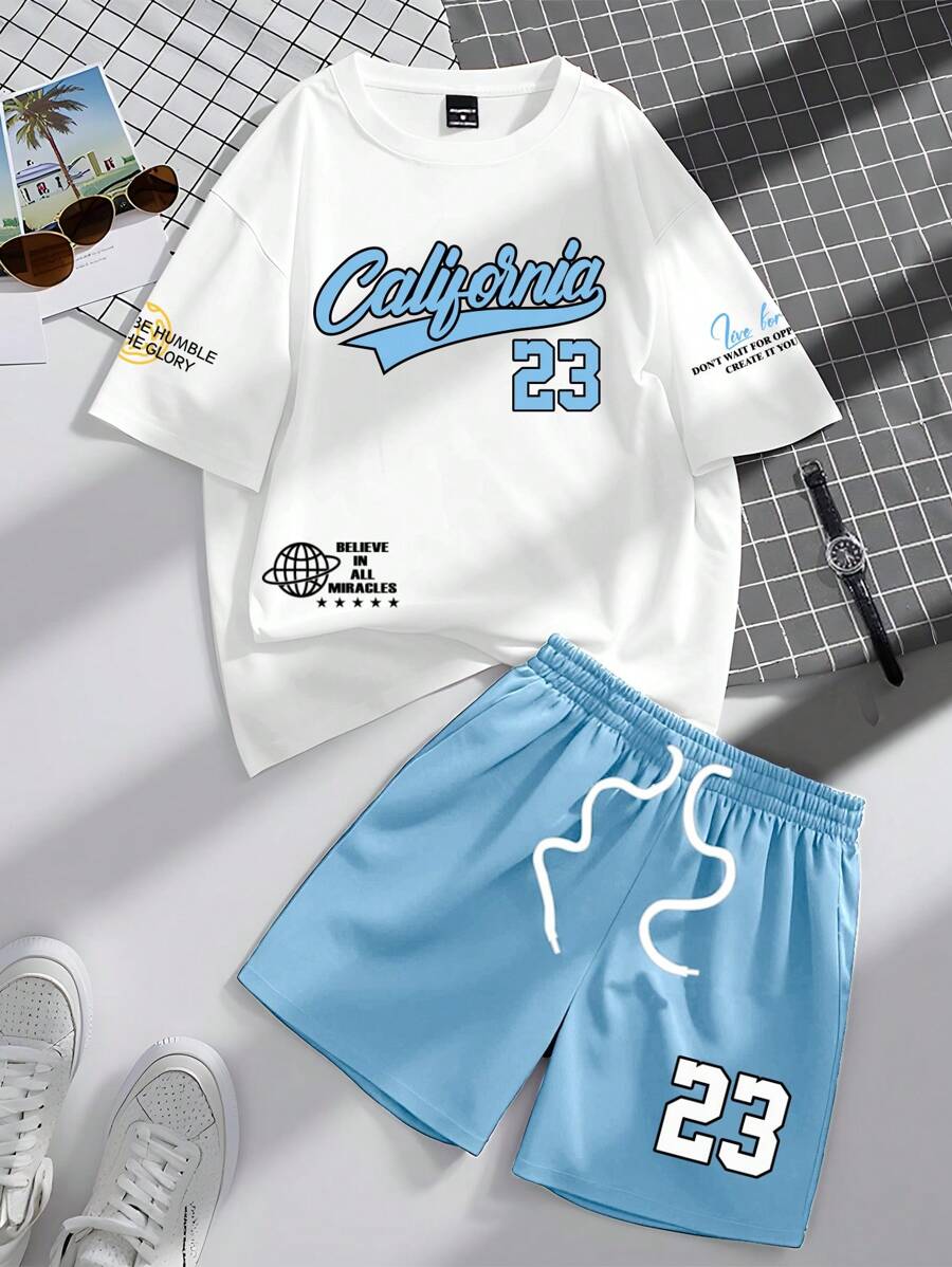 Manfinity Hypemode Completo casual da uomo composto da t-shirt a maniche corte con stampa a lettera e collo rotondo abbinata a pantaloncini corti con fiocco anteriore, 2 pezzi