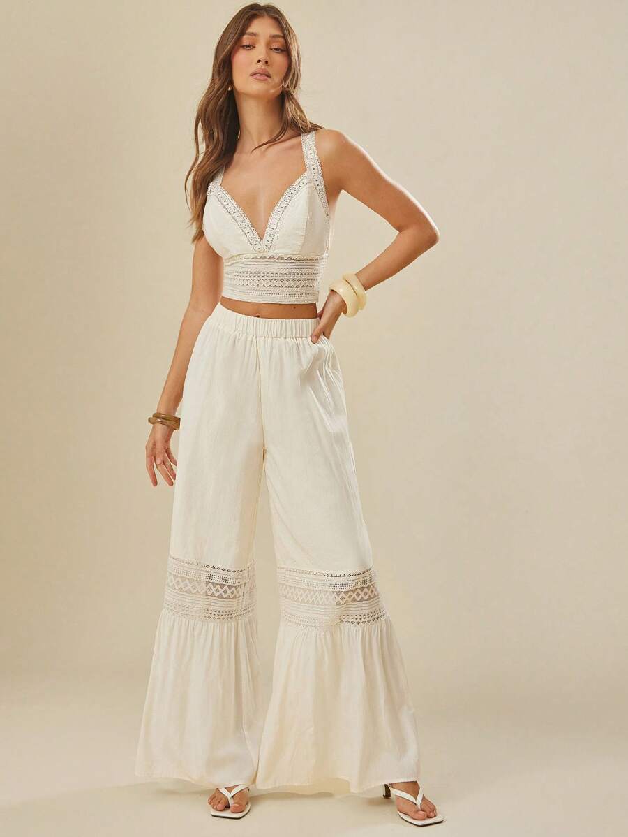 L'Amorae Set di abbigliamento coordinato composto da top a canotta con dettagli in pizzo e pantaloni con dettagli in pizzo, adatto per look da Ibiza