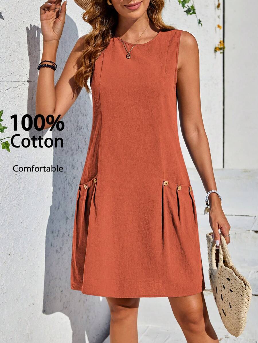 SHEIN LUNE Women Sleeveless Solid Color Double Pocket Holiday Casual Dress