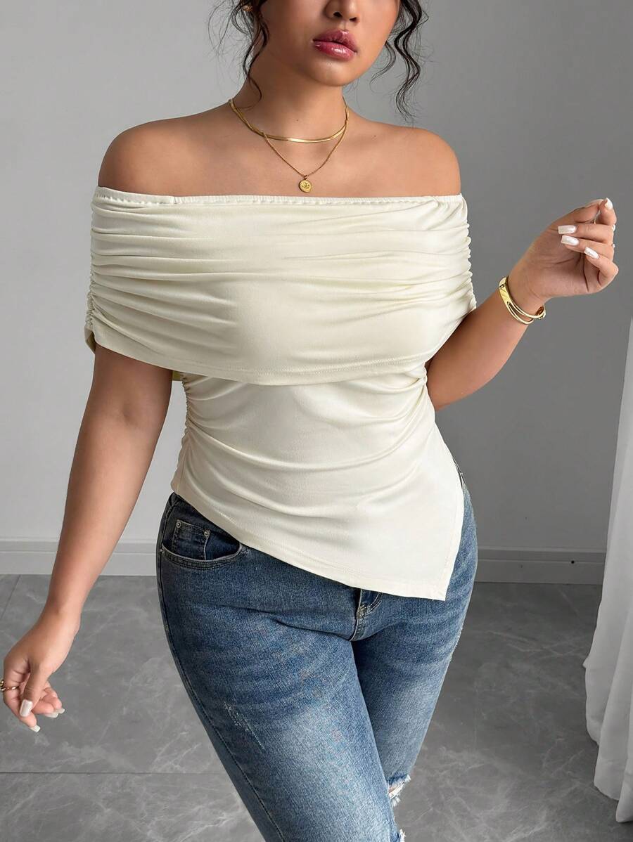 Elenzga Maglietta aderente con scollo quadrato, spalle scoperte, volant su orlo, per donna, elegante, per primavera/estate