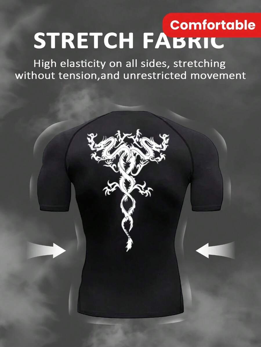 Manfinity Sport Corelite Herren Kurzarm T-Shirt mit Chinesischem Drachenmuster und Rundhalsausschnitt für Sport