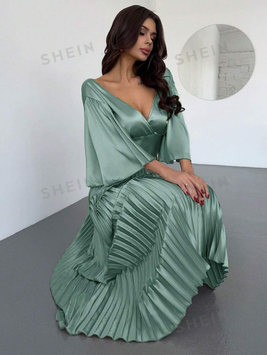 Firerie Vestido largo elegante y romántico de cuello en V con mangas con volantes, cintura alta y plisado dorado