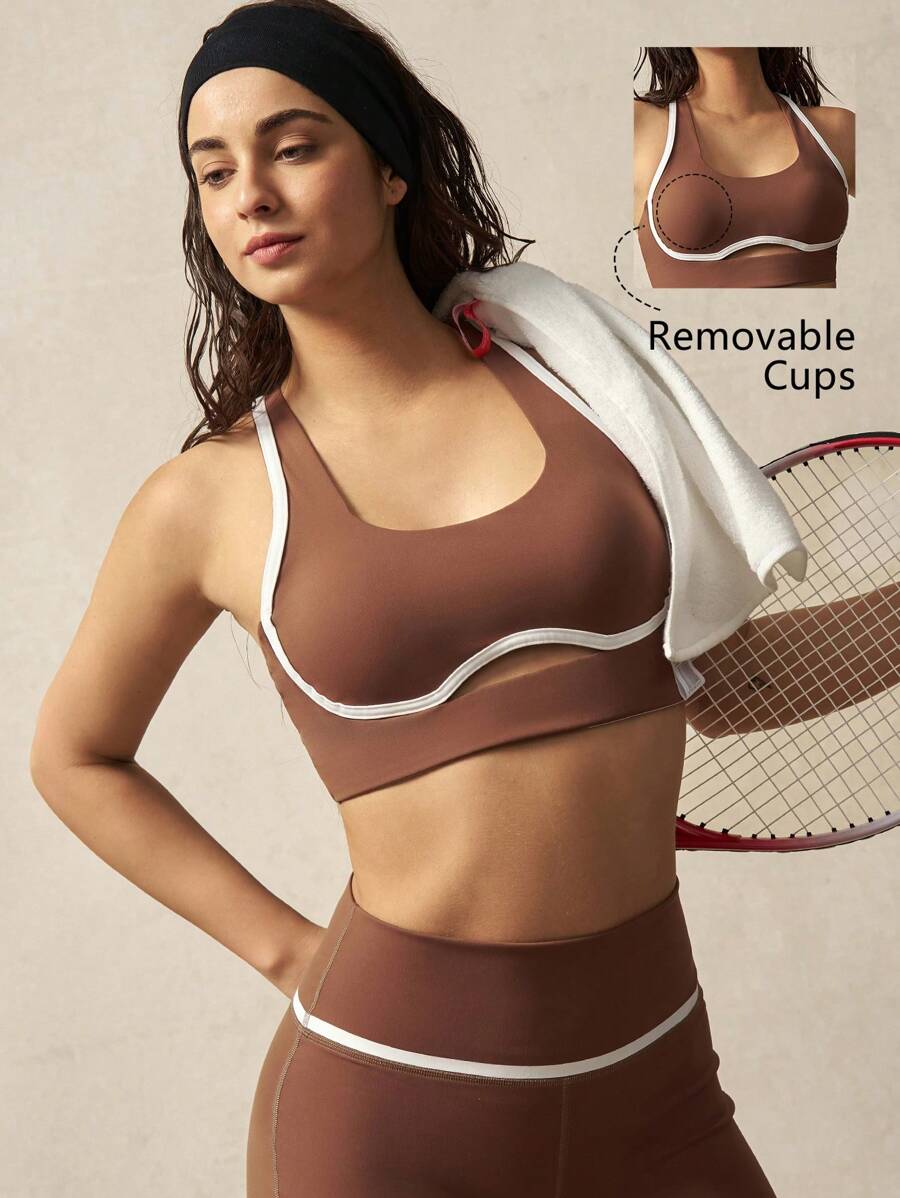 VARSITIE Contrast Binding Edge Hollow Out Spaghetti Straps Backless Cropped Sporty Tank Top