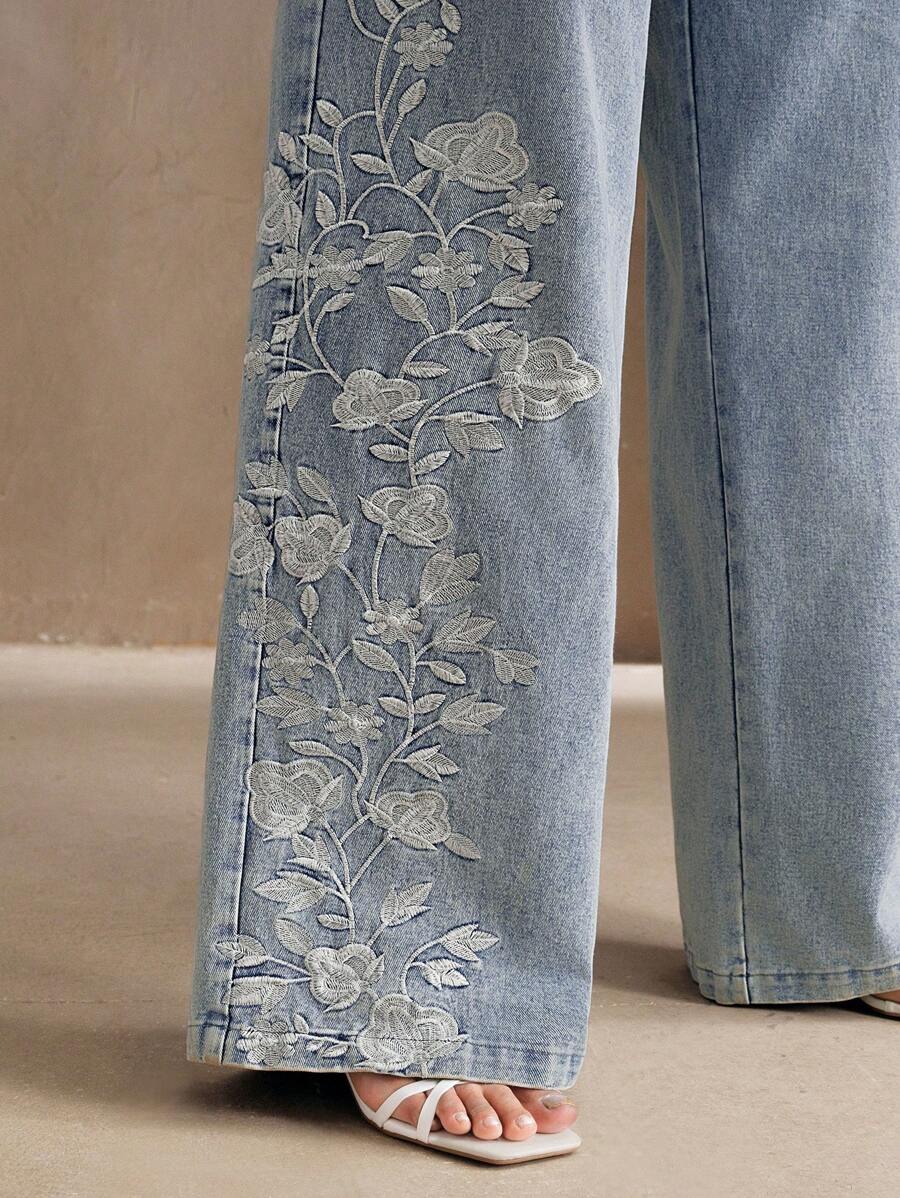 Anewsta Pantalón largo elegante con bordado floral para mujer de talla grande, diseño urbano y sofisticado