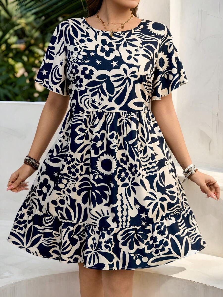 SHEIN LUNE Plus Size Casual All-Over Print Short Sleeve Dress Women Boho/Bohemian Dress Summer Outfits For Women Vacation Outfits Woman Beach Outfits For Woman