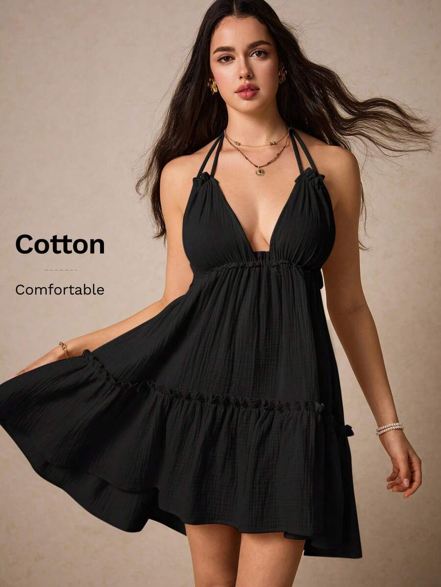 Poéselle Women's Summer Solid Color Simple Daily Dress Chest Smocking Double Shoulder Straps Backless Sundress Ruffle Dress Halter Dress Boho Women Clothing Beach Women Dresses Sexy Dresses Pastel Dress Curve Dress