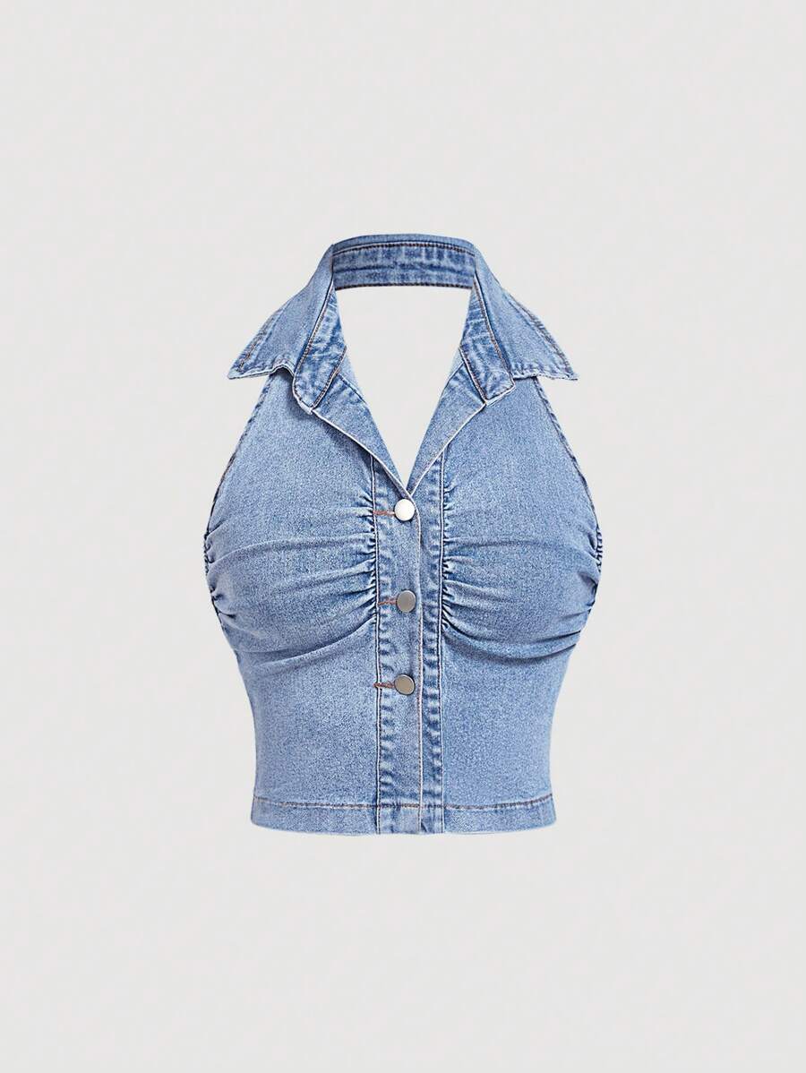 SHEIN MOD Blusa de mezclilla de mujer con cuello halter plisado de una hilera