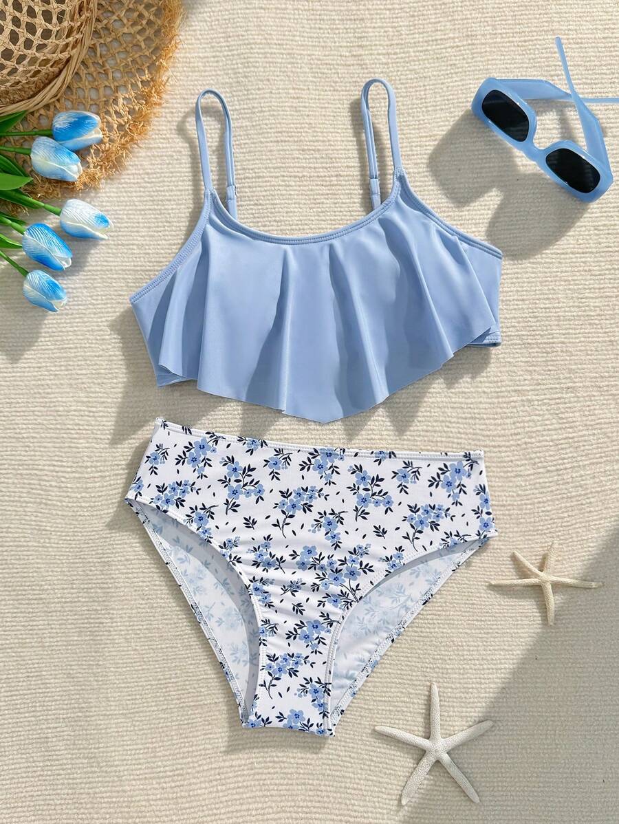 Conjunto de bikini con volantes y estampado floral diminuto para adolescentes