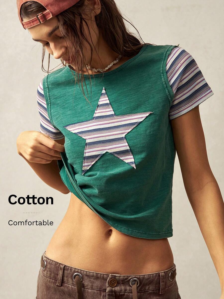 Bohemela BOHO Fitted Women's T-Shirt With Solid Color Knit Round Neck, Patchwork Star Print, Short Sleeve, Rustic Style