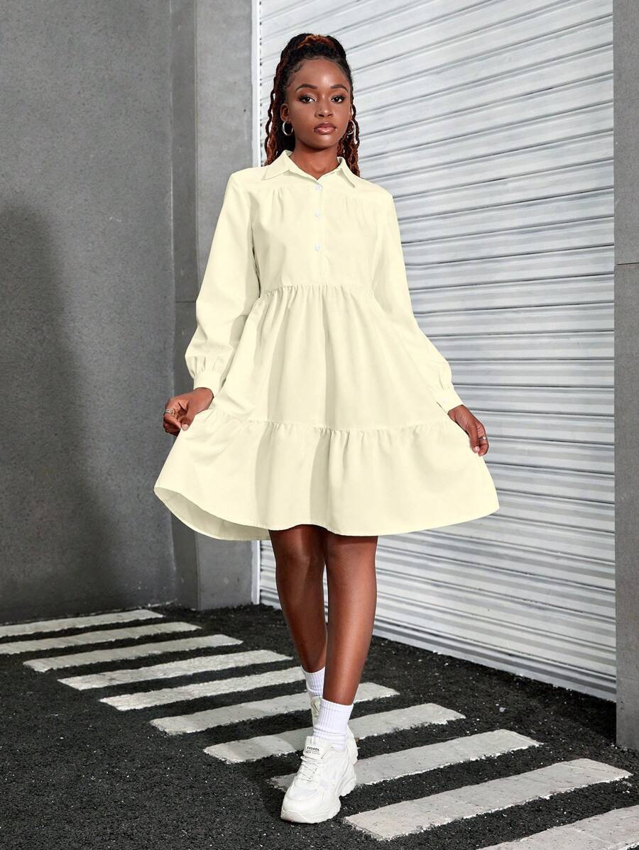 Teen Girls Plain Long Sleeve Buttoned Frill Hem Casual Dress