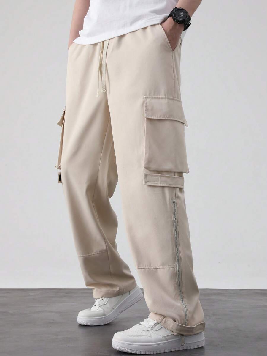 Manfinity Hypemode Men's Beige Cropped Cargo Pants With Zipper Detail And Multiple Pockets