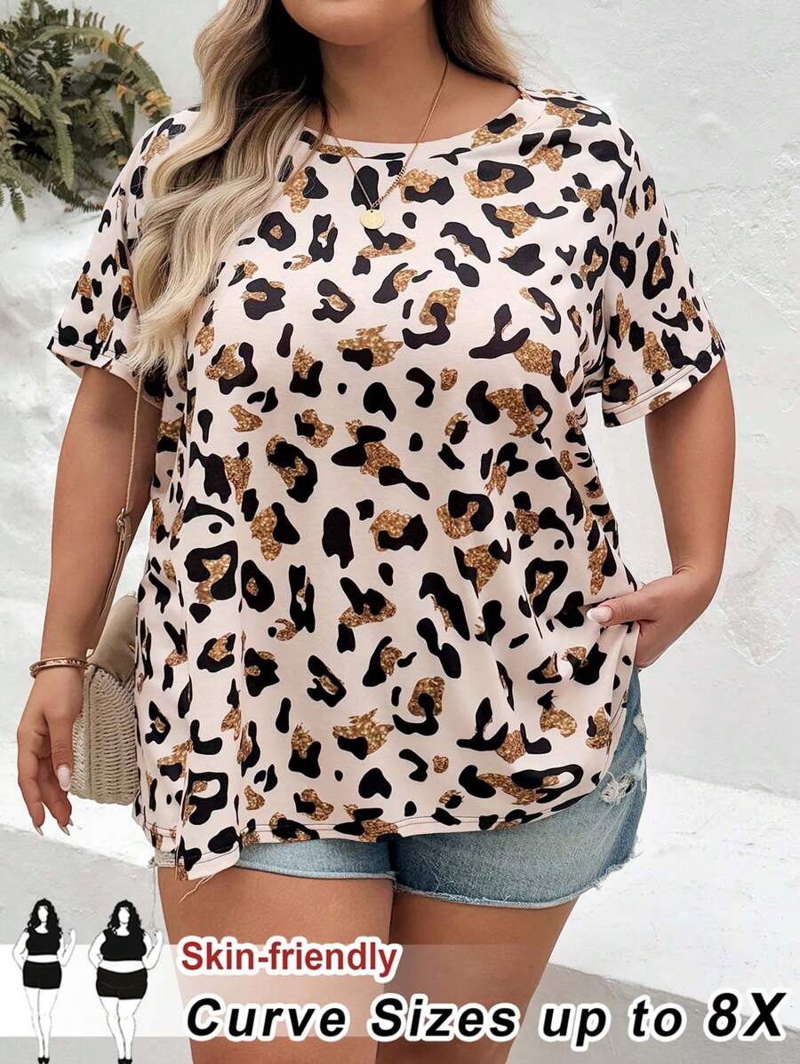 SHEIN CURVE+ Plus Size Women Leopard Print Short Sleeve Casual T-Shirt, Suitable For Summer, Music Festival