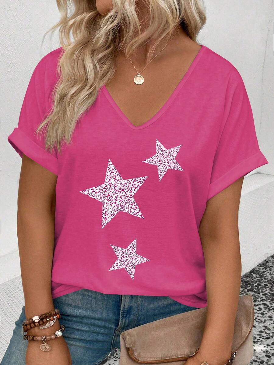 SHEIN T-shirt casual versatile da donna con scollo a V, maniche a polso e stampa a stelle, taglie comode per donne con taglie forti