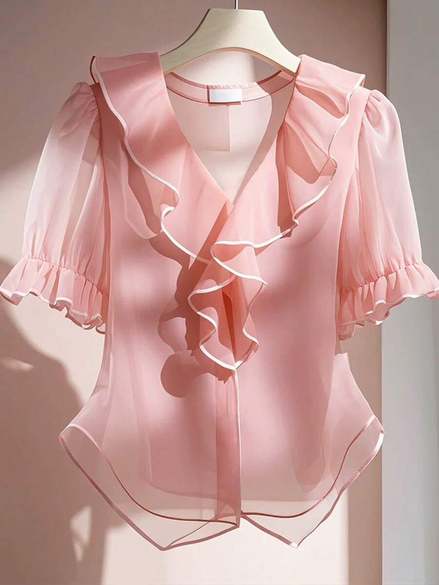 SHEIN Clasi Chemise à volants avec col en V et manches courtes de couleur unie, tailles grandes, convient pour l'été