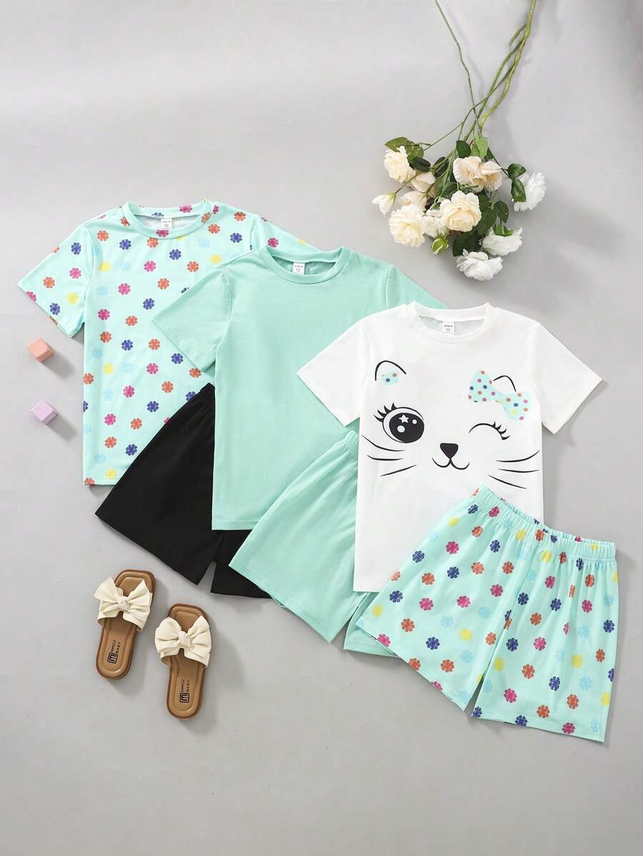 SHEIN 2 Stücke/Set Tween-Mädchen Lässig Rundhals Kurzarm T-Shirt und Shorts
