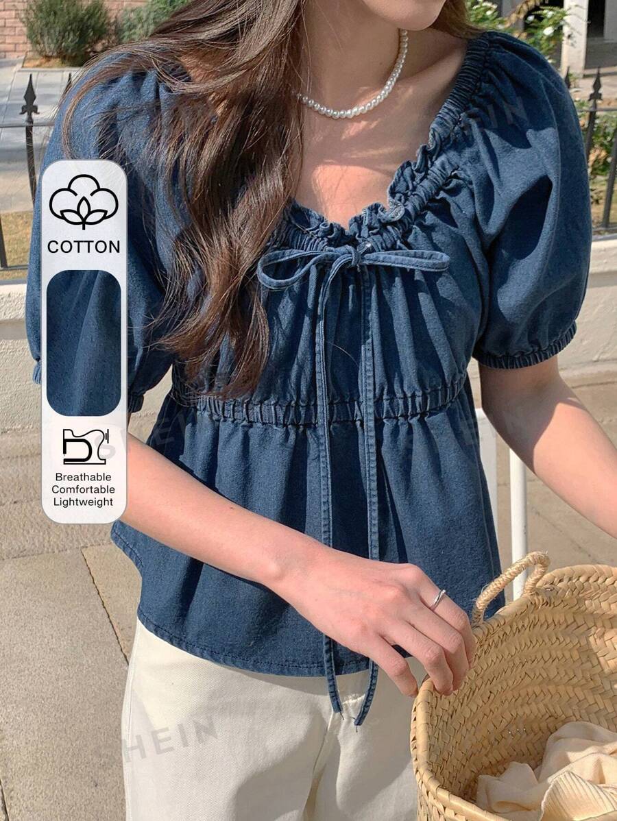 DAZY Blusa casual de mujer con manga corta, cordón, volantes y silueta de muñeca