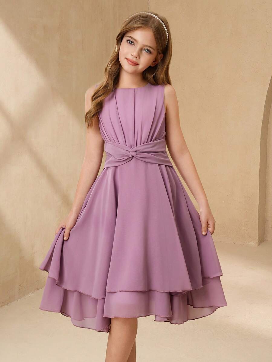 SHEIN Girls' Elegant Lilac Sleeveless Midi Dress, Suitable For Party, Holiday, Formal Occasions, Flower Girl Dress, Birthday Performance And More