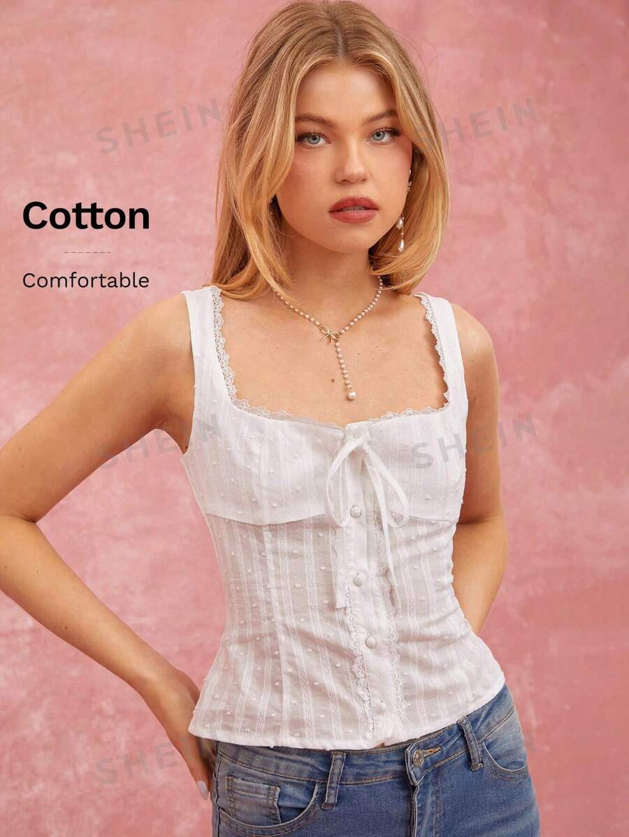 Enchnt Top de tirantes con cuello cuadrado, frente de encaje en contraste y lazo para mujer en verano
