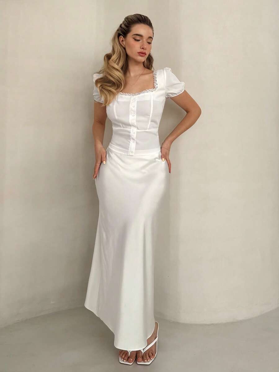 Glamine Blusa elegante da donna con scollo quadrato, orlo in pizzo, chiusura con bottoni, vestibilità slim, per uso quotidiano, adatta per primavera/estate