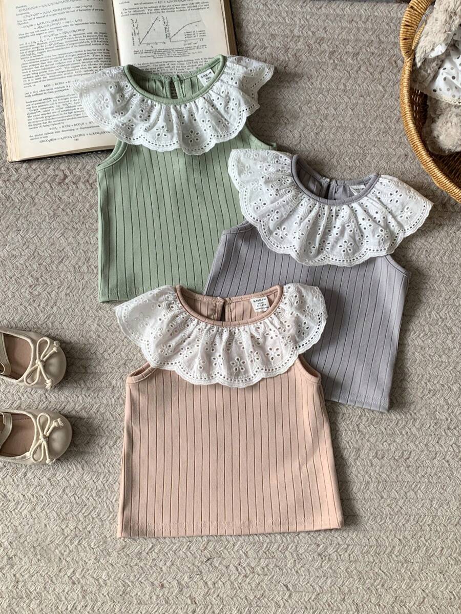 Blossori Baby Girls 3pcs/Set Ruffled Collar Knitted Vest, Spring/Summer