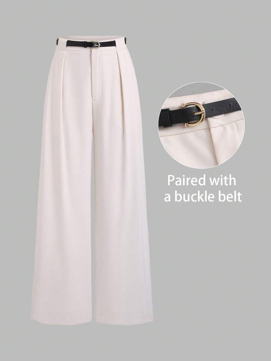 Sweetra Women's Apricot Metal Waist Belt Decor Commuting Versatile Casual Pleated Straight Leg Pants, Spring/Summer,Women Casual, Daily, Commute, Shopping Waist Design Pants