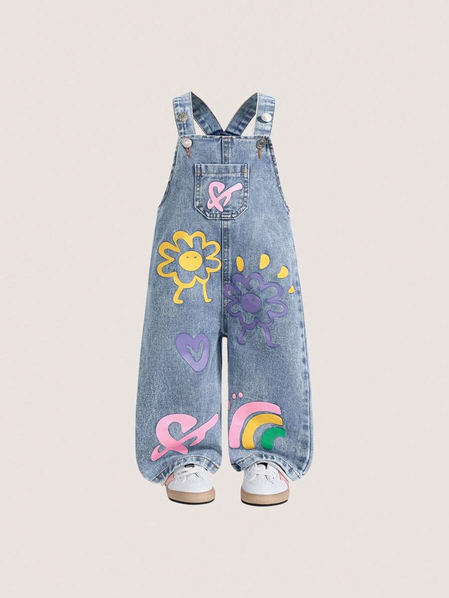 SHEIN Washed Denim Baby Girl Romper With Floral Print, Loose Bib Pants,Holiday,Summer,Travel