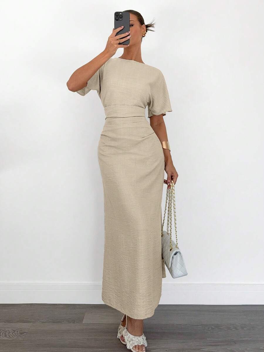 Siren Gaze Robe d'été décontractée en lin mélangé pour femme, couleur unie jaune beurre, robe élégante et chic, robe de soirée avec nœud, robe de soirée élégante pour femme, robe de soirée pour femme, robe longue pour femme, robe de soirée longue pour femme, robe d'été pour femme, robe de graduation