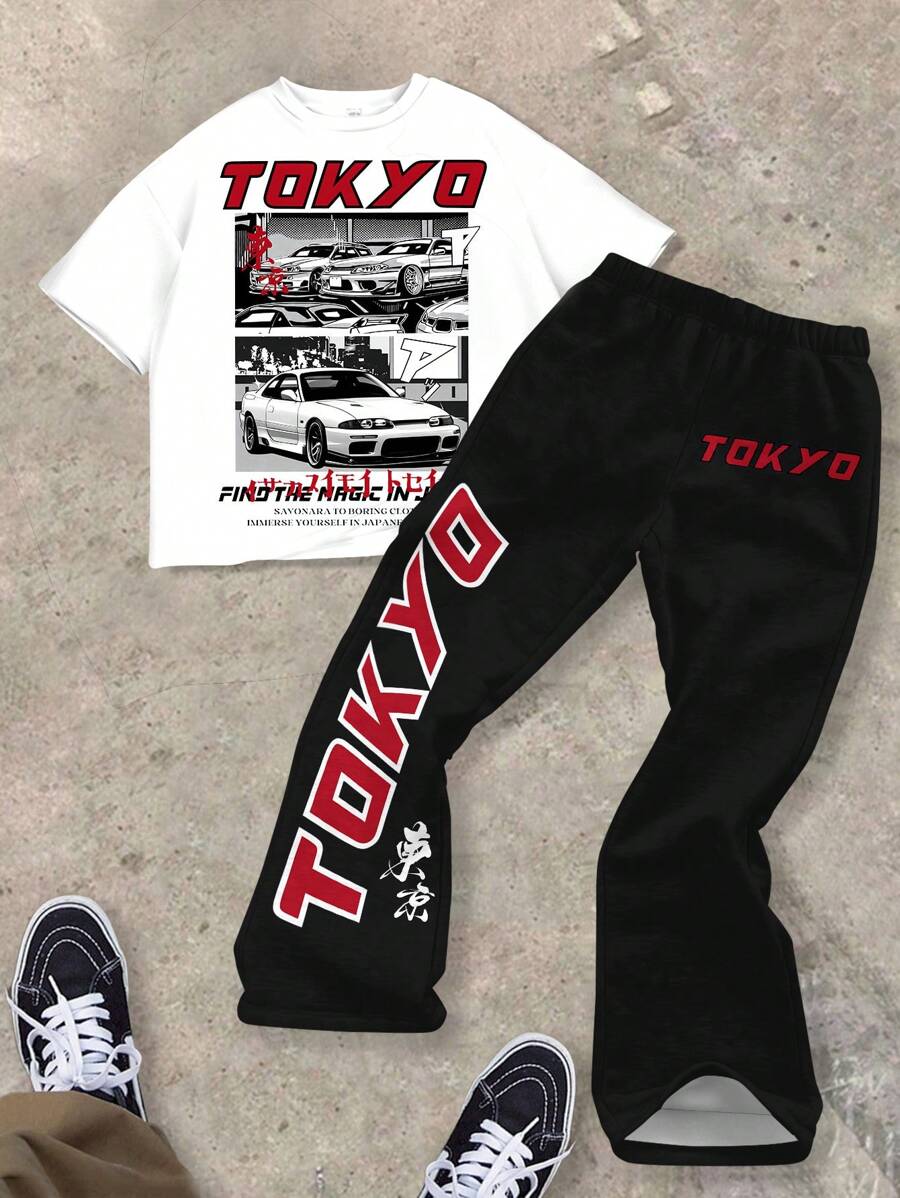 SHEIN TOKYO, Conjunto casual de 2 piezas de camiseta y pantalón campana para niños preadolescentes, apto para el verano
