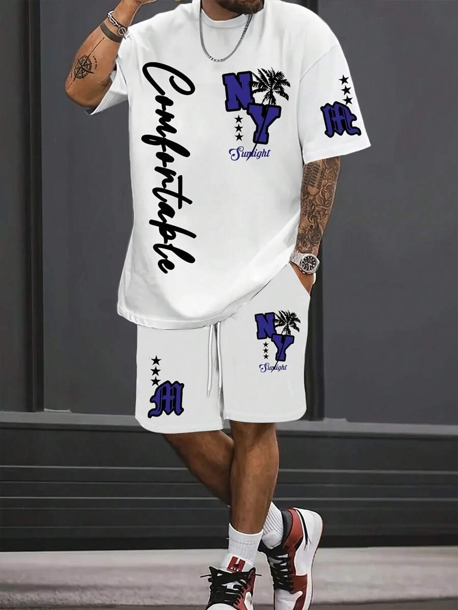 Manfinity RSRT Men's Letter Print Round Neck Short Sleeve Casual T-Shirt And Drawstring Waist Shorts Set Men's 2 Pieces Outfits Summer