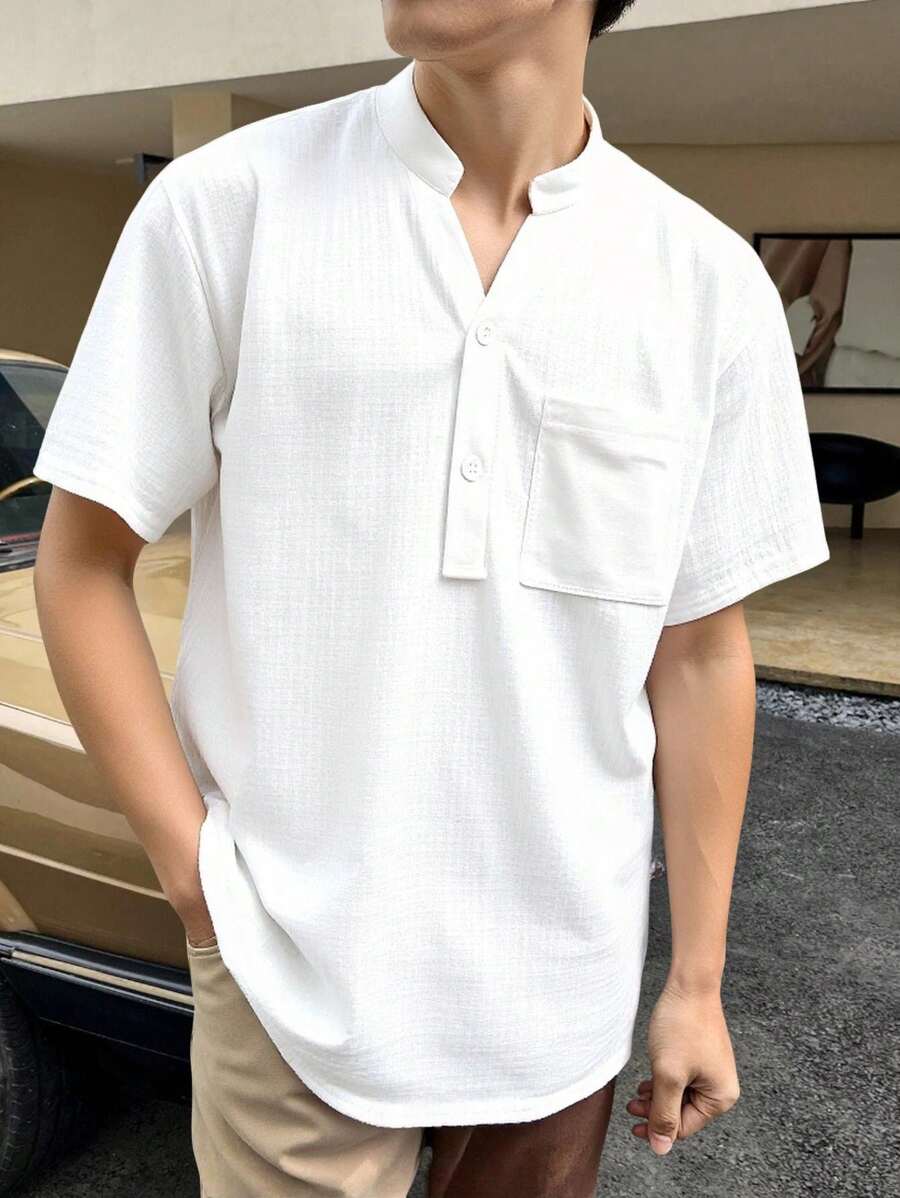 Camisa casual de manga corta y cuello liso de color blanco para hombres, con cierre de botones y punto de canalé, para uso cotidiano en primavera/verano