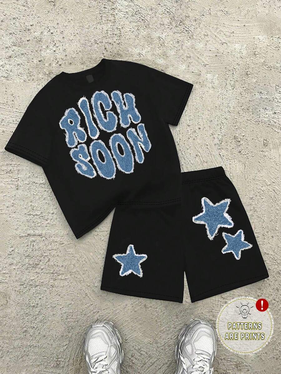 SHEIN Tween Boys Casual Minimalist Letter Print Round Neck Short Sleeve T-Shirt And Shorts 2 Pieces Set, Suitable For Summer