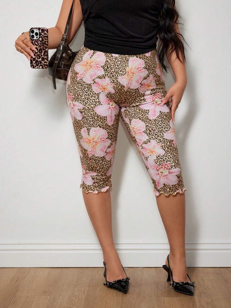 SHEIN ICON Leggings Capri Plus Size con stampa leopardata e floreale